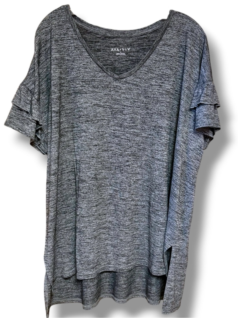 Ava & Viv Sz 2X Gray Heathered Blouse Ruffle Sleeve V-neck Plus Size